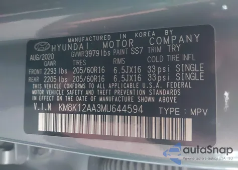 2021 Hyundai Kona Se z USA, uszkodzony, nr VIN KM8K12AA3MU644594